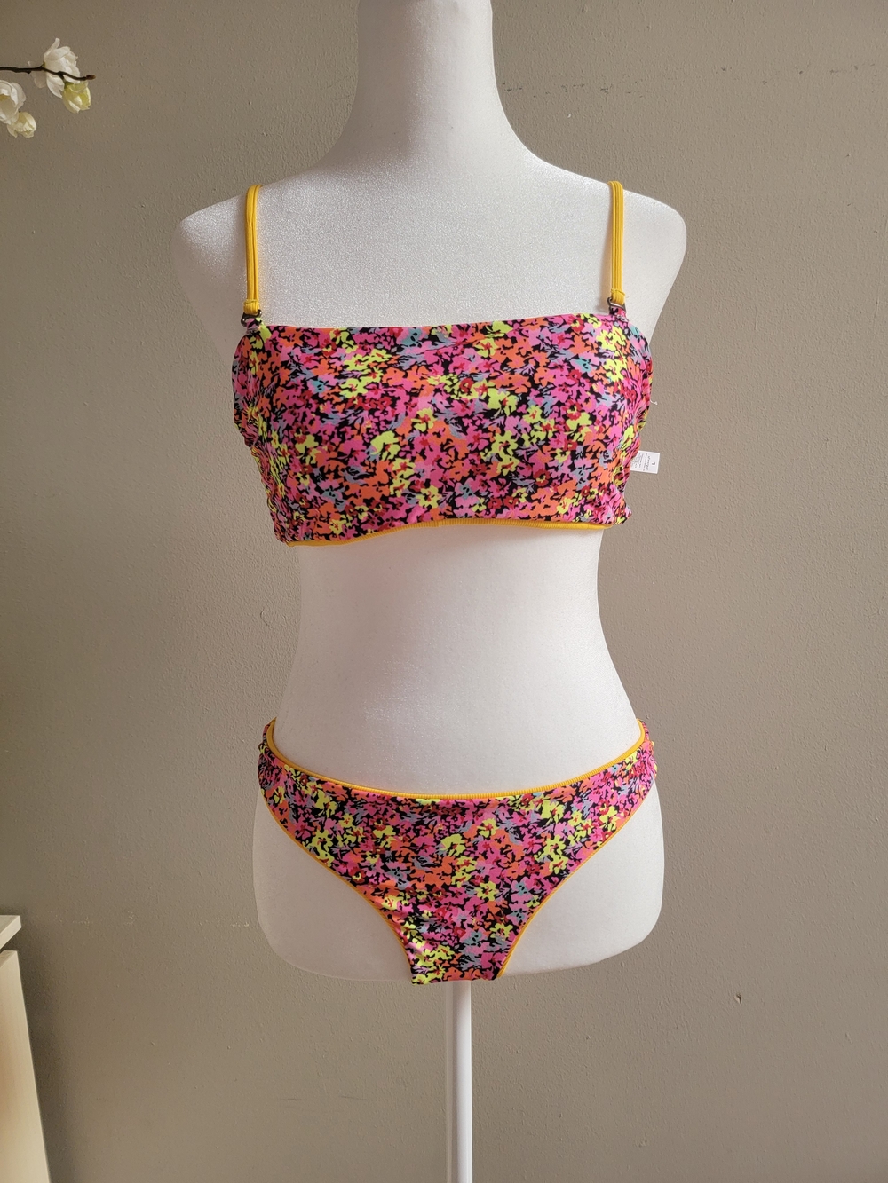 Maaji Neon Floral Bandeau Bikini with Yellow Trim Revercible Set Size L